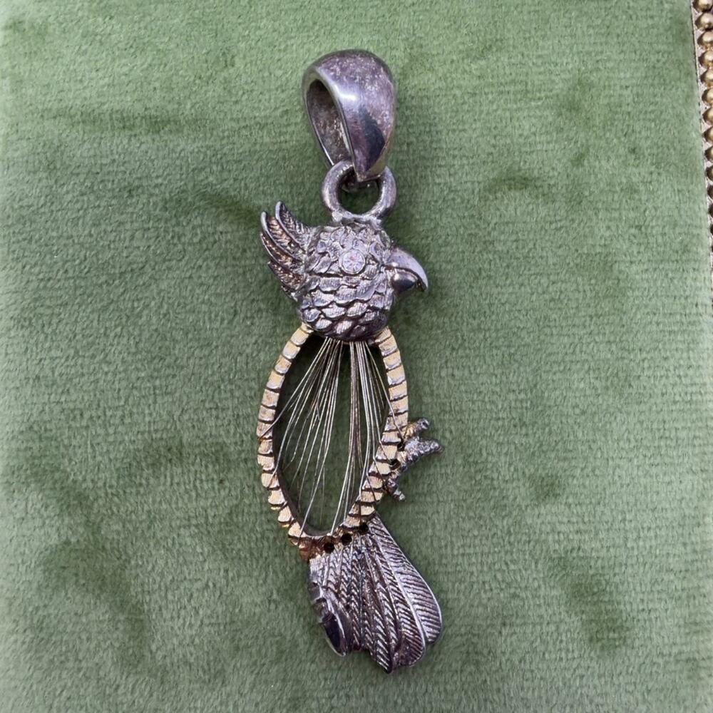 Vintage Parrot Bird Pendant Rhinestone Eye Wire Body Silver Tone 2in
